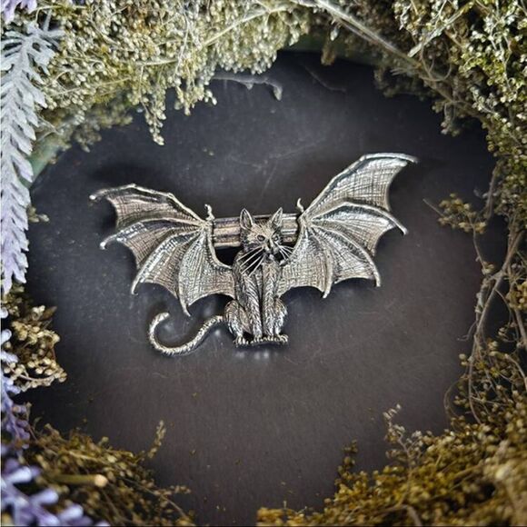 Gothic Cat With Bat Wings Hair Clip, Silver Color, Great Hold, Sturdy - Picture 1 of 3